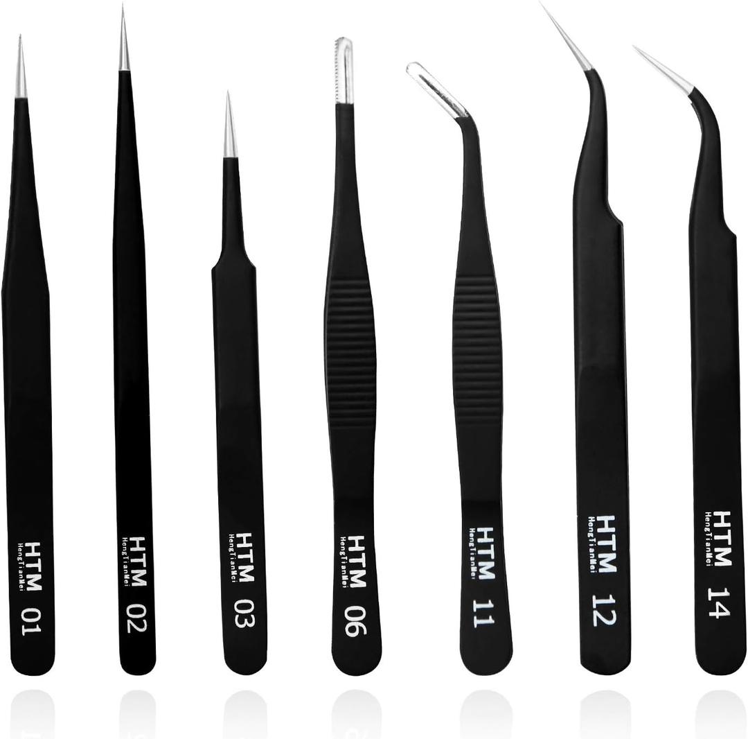 HengTianMei 7Pcs Precision Micro Tweezers Set, Anti-Static Stainless Steel, 3 Sharp Pointed Tweezers, 2 Curved Tweezer, 2 Serrated Tweezer for Eyelash Extensions, Craft, Jewelry, Soldering,Electronics