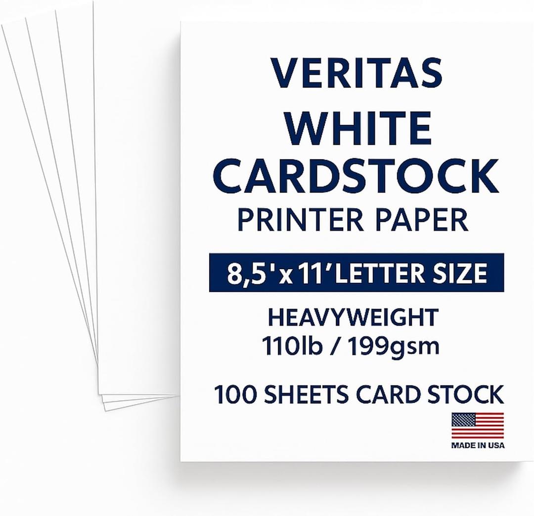 Veritas White Cardstock 8.5 x 11, 110LB/199GSM Heavyweight Card Stock, 100 Sheets, Thick Cardstock Printer Paper for Copy, Printing, Art Projects, Invitations, Made In USA
