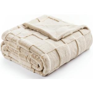 Cozy Bliss Tan Checkered Faux Rabbit Fur Throw Blanket, Soft Fuzzy Fluffy Minky Furry Blankets for Couch, Bed (50 * 60 Inches Beige) (Throw(50" x 60"))