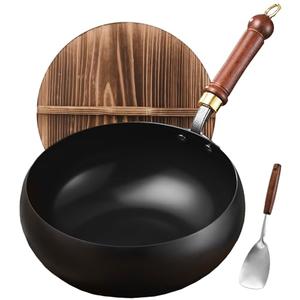 UMETRE Carbon Steel Wok Pan, 11" Woks & Stir-Fry Pans with Wooden Lid Cookwares, Nonstick Wok Flat Bottom Small Handmade Chinese Wok For for All Stoves