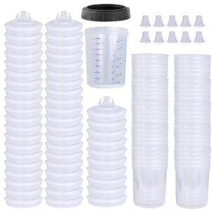 Disposable Paint Sprayer Mixing Cup for Automotive Paint Gun, HVLP Paint Spray Paint Gun 6 Ounce (160ml) Kit with 50 Cups and Lids System, 1 Hard Cup with Retainer Ring and 10 Plugs
