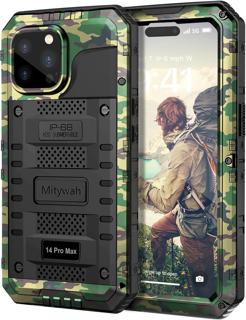 Mitywah Waterproof Case for iPhone 14 Pro Max, Heavy Duty Shockproof Case with Built-in Screen Protector, Full Body Underwater Protective Metal Case 6.7 inch, Camouflage