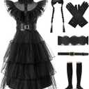 Girls Black Princess Costume Dress Up Costume Halloween Cosplay Party Outfit for Girls with Wig Belts Socks Golves Size 13-14 (Classic Black Material)