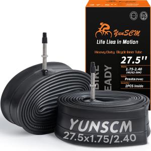 YUNSCM 2-PCS 27.5 Heavy Duty Bike Tubes 27.5x1.75/2.40 Inner Tubes 45/62-584 Compatible with 27.5 x 1.75/1.95/2.10/2.125/2.20/2.25/2.30/2.35/2.40 Mountain Bike Bicycle Tubes FV48mm Presta Valve