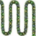 33 FT Christmas Tinsel Garland with Lights, Green Metallic Twist Hanging Garland Shiny with 100 LED Lights, 20 PCS Red Bows, for Xmas Tree Stairs Holiday Party Indoor Outdoor Decoration