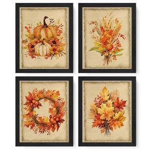 JXREQ Vintage Pumpkins Fall Wall Art Decor for Home Kitchen Bathroom Bedroom, Thanksgiving Decorations Wall Decor Prints Set of 4, Autumn Leaves Wreath Posters, 8x10 Inch Unframed 2 Pack