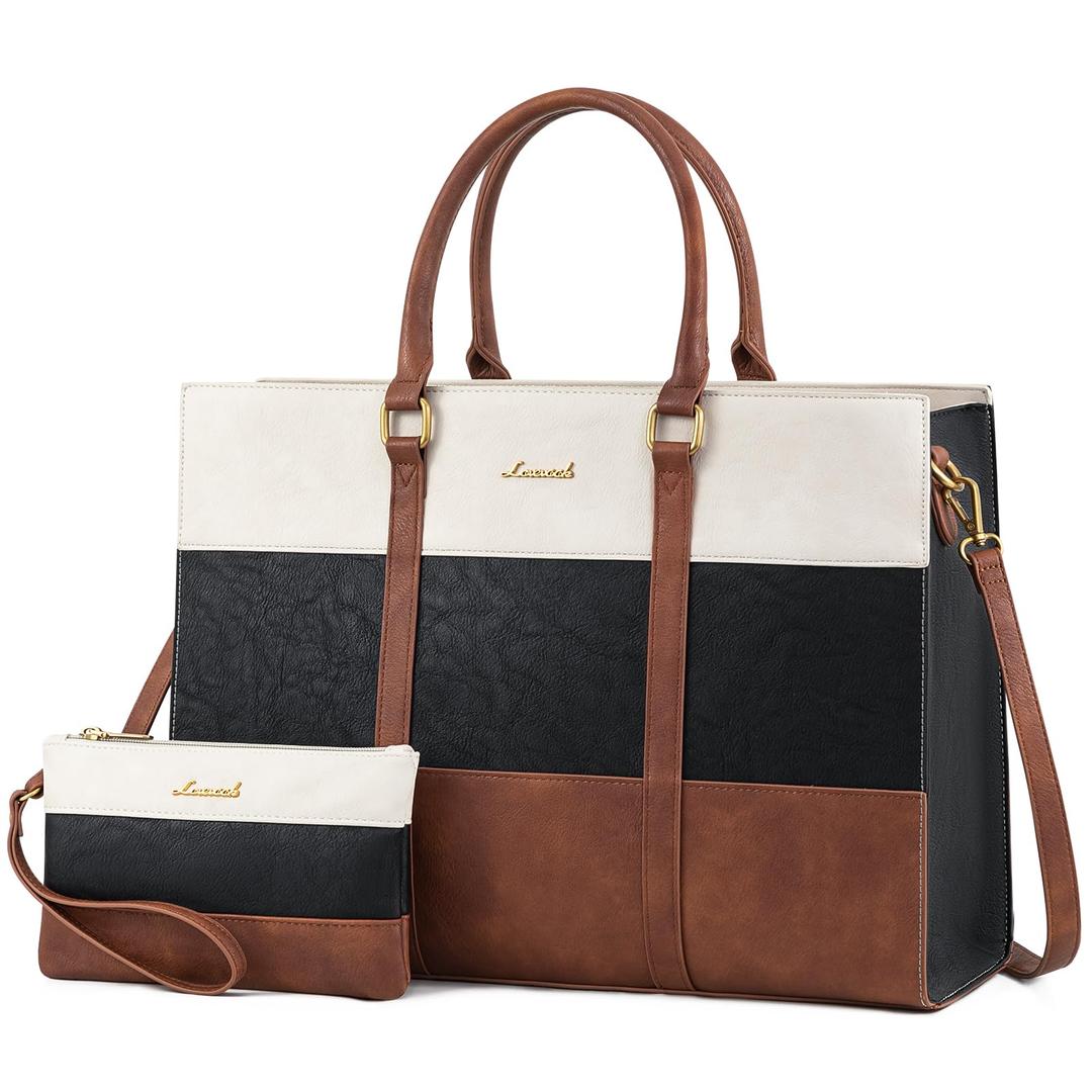 LOVEVOOK Laptop Bag for Women, 15.6 Inch Work Bags for Women, Vintage Leather Laptop Tote Bag, Waterproof Computer Bags with Clutch Purse, Large Capacity Briefcase, Business Office Handbag for Work | Two-piece set, Leather, 15.6'' laptop pocket, Long