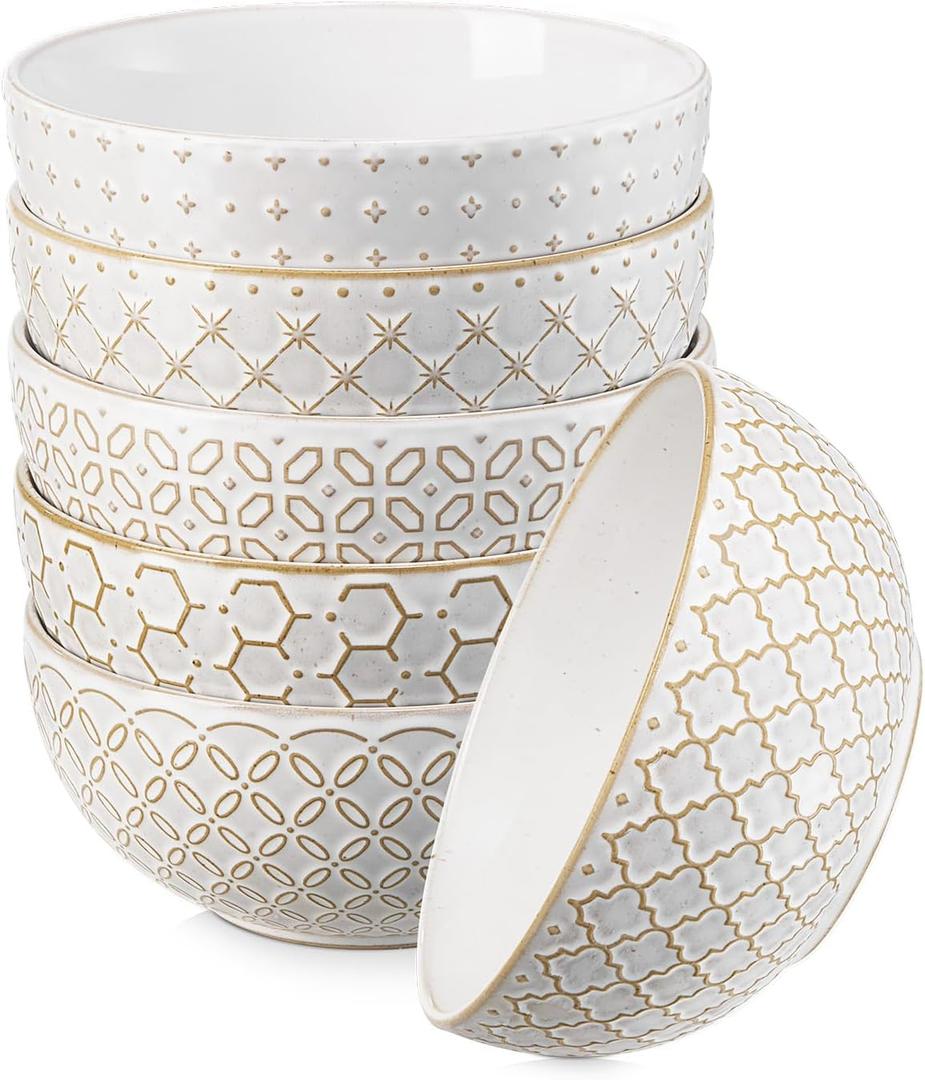 DOWAN Soup Bowls Set of 6, 26 OZ Cereal Bowls for Kitchen, 6" Ceramic Embossment Bowl for Salad, Pho, Fruits, Rice, Large Bowls Decor & Housewarming Gift, Dishwasher & Microwave Safe