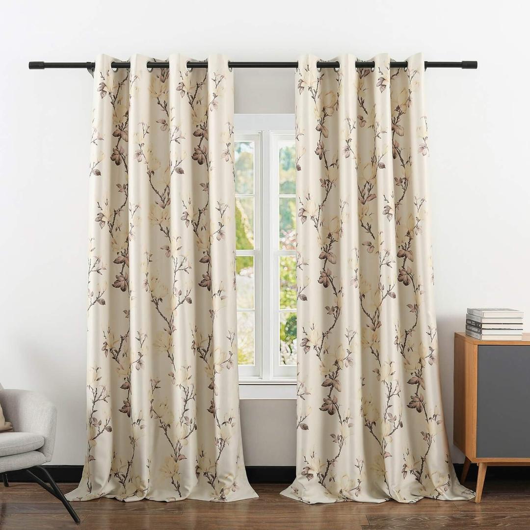 VOGOL Blackout Curtains Magnolia Design Pattern, Living Room Dining Bedroom Classic Window Curtains, Room Darkening Thermal Insulated Drapes Grommet Top, 2 Panels 52x96 (T001c1)