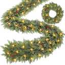 Thicker&Timer - 6 Ft by 12 Inch Real Touch Cedar Garland with Lights Realistic Soft Thickness Christmas Garland, Lighted Faux Pine Garlands Cypress Garlands for Fireplace Mantle Table Indoor Outdoor