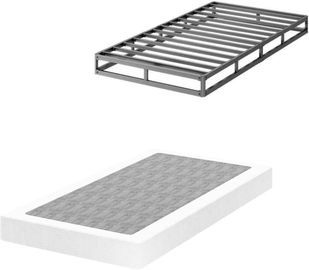 Twin-Box-Spring, 4 Inch Twin Size Box Spring,Heavy Duty Mattress Foundation, Metal Box Spring with Fabric Cover Set, Easy Assembly, Squeak Resistant (Black)