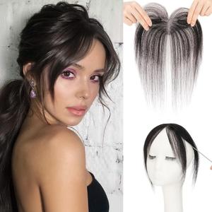 MY-LADY Clip on Bangs for Women Human Hair, Fake Bangs Hair Clip, 100% Real Human Hair Clip in Bangs for Women, Middle Part Bangs Hair Pieces with Temples(Natural Black)