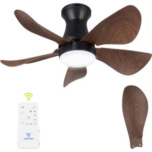 30 Inch Flush Mount Ceiling Fan with Light - Small Ceiling Fan with Light for Bedroom/Kids Room/Small Room - Low Profile Design - Indoor/Outdoor Use - 5 Blades Walnut