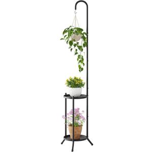 2-Tier Metal Plant Stand with Hanging Hook, Indoor Outdoor Plant Shelf, Heavy Duty Plant holder Rustproof Iron Multiple Plant Round Supports Rack for Planter Corner Garden Balcony Patio (Black)