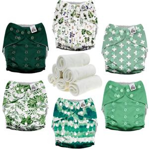 Mama Koala 3.0 Pocket Cloth Diapers for Babies with AWJ Lining, 6 Pack with 6 4-Layer Natural Cloth Diaper Inserts - Reusable and Washable Pocket Diapers (Love Green)