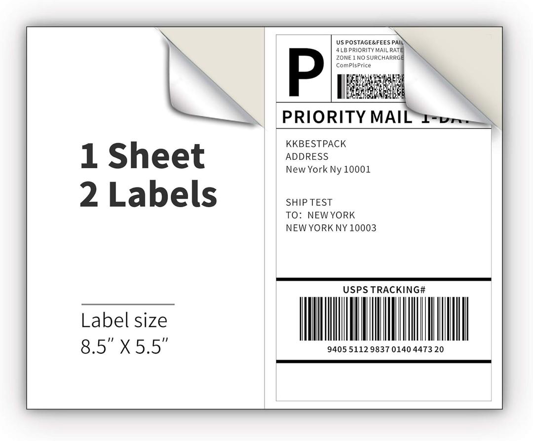 KKBESTPACK Half Sheet Shipping Labels for Laser and Inkjet Printers  2 Per Page Self Adhesive Mailing Labels  White 8.5 x 5.5 (200 Labels) (2LP)