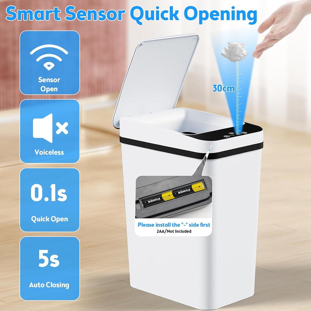 KOEYLE 1 Pack 2.2 Gallon Automatic Touchless Garbage Can, Small Motion Sensor Smart Trash Can, Slim Waterproof Trash Bin for Bedroom, Bathroom, Office, Living Room, White