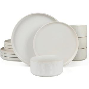 Famiware Star Dinnerware Sets, Plates and Bowls Set for 4, 12 Pieces Ribbed Dishes - Chip and Scratch Resistant, Microwave and Dishwasher Safe Tableware, Matte White