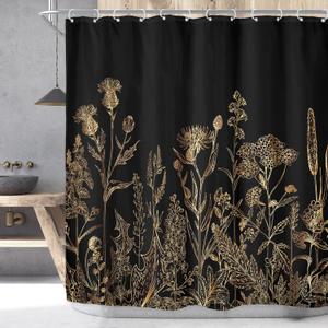 Riyidecor Black Gold Dark Floral Wildflower Shower Curtain for Bathroom Decor 72Wx72H Rustic Botanical Herbs Plant Leaves Vintage Nature Art Printed Fabric Polyester Waterproof 12 Pack Plastic Hooks