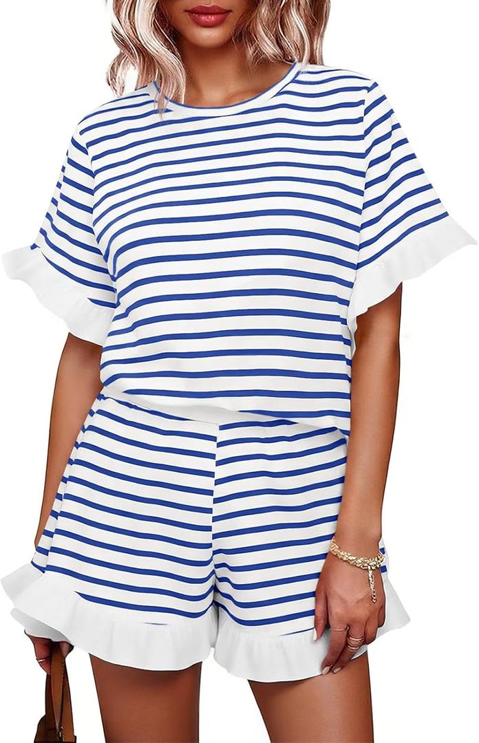 Tankaneo Womens 2 Piece Striped Shorts Set Ruffle Short Sleeve Tops Hight Waist Shorts Matching Sets Summer Vacation Outfits (M)