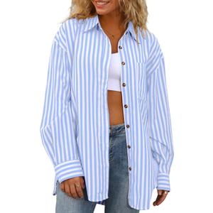 CHYRII Womens Striped Button Down Shirt Casual Long Sleeve Blouse Top (Medium, Blue)