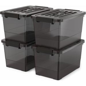 17 Qt Stackable Storage Bins with Lids, Black Clear Locking Plastic Storage Containers with Latches, Organizer Totes for Closet Pantry Bedroom Garage, Space Saving Nesting Storage Box（4 Pack）