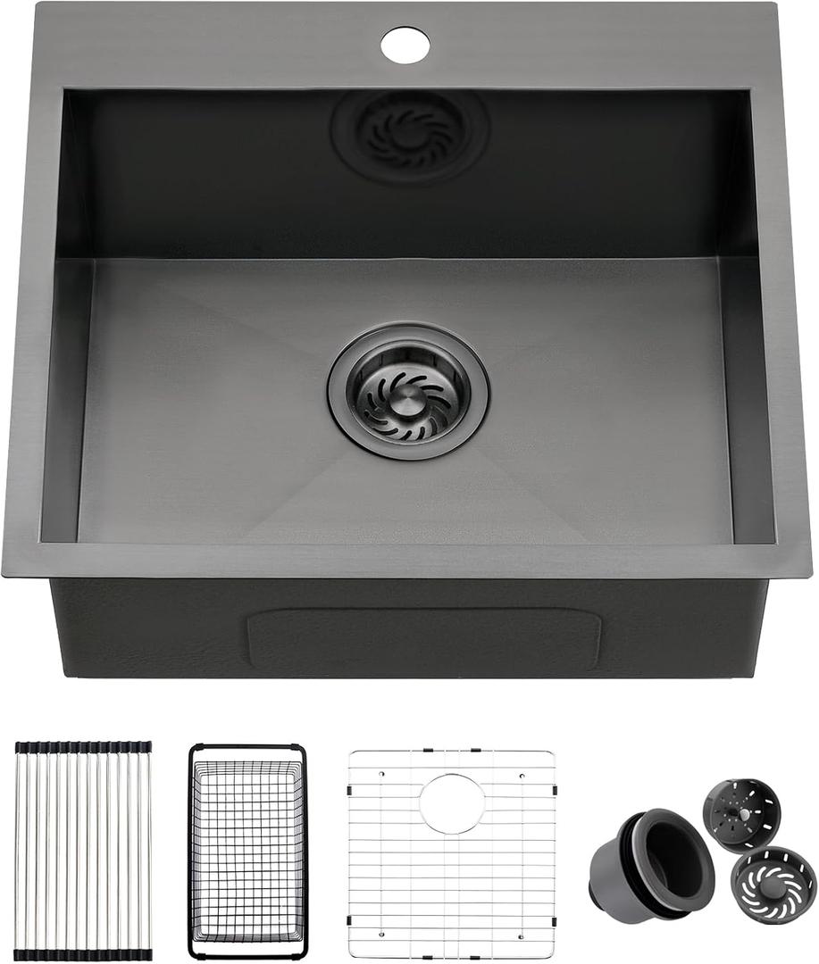 21 Drop In Black Kitchen Bar Sink, ZDHHT 21 x 18 x 10 Inches 16 Gauge T304 Black Stainless Steel Small Kitchen Sink Bar Prep Outdoor Sink Laundry Topmount RV Sink Island