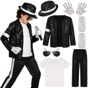 Kids Dance Star Costume for Boys 80s 90s Pop Stage Outfits for Halloween (10-12 Years, Black)