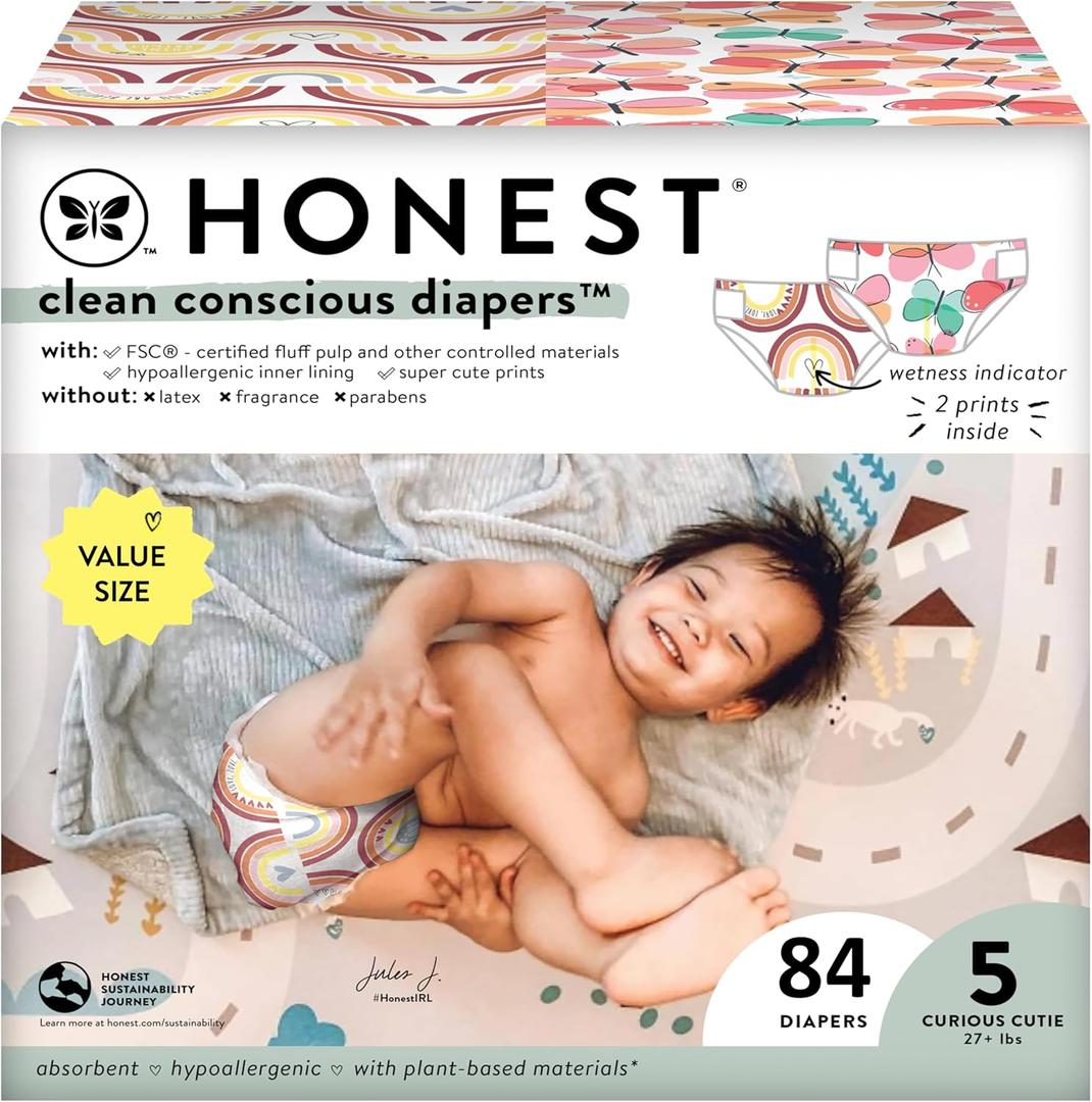 The Honest Company Clean Conscious Diapers for Sensitive Skin | Hypoallergenic, Fragrance Free | Girl Prints | Super Club Box, Size 5 (27+ lbs), 84 Count (Prints May Temporarily Vary)