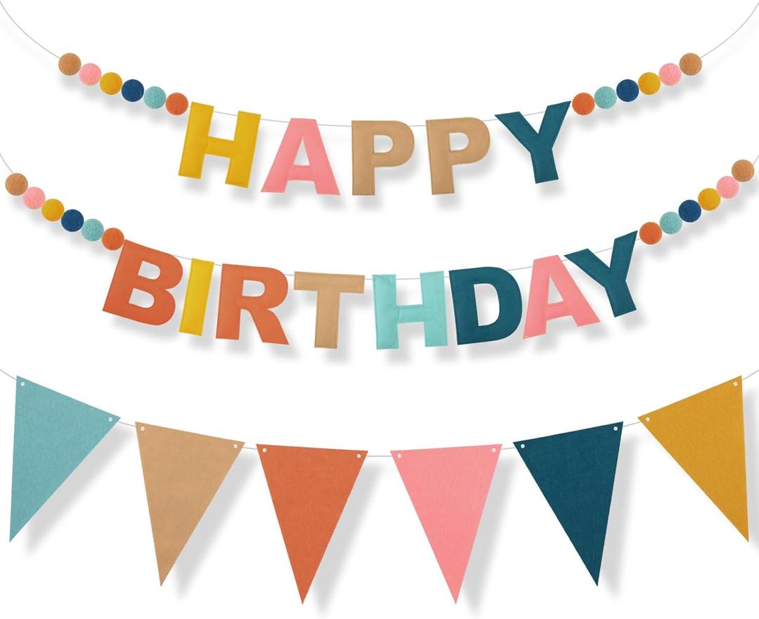 Oudain 2 Pack Pre-strung Felt Happy Birthday Banner Party Decorations Reusable Boho 3D Pom Pom Ball Garland Triangle Flag Birthday Pennant Sign for Adult Boy Girl Photo Prop Backdrop(Rainbow)