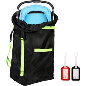 Klmnop Stroller Bag for Airplane Travel, Waterproof Stroller Cover for Single Double Jogging Strollers, Large 46"H x 21"W x 13" D Travel Bag for Storage and Gate Check, Includes 2 Luggage Tags(Black)
