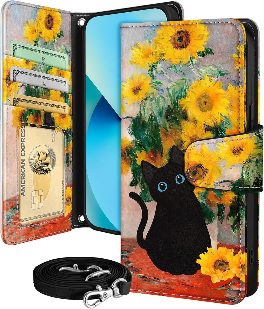 Buleens for iPhone 13 ProMax Wallet Case for Women - with Card Holder for iPhone 13 ProMax Flip Case Leather Crossbody Cute Aesthetic i Phone 13ProMax Case with Strap for Girls Girly, Cat Sunflower