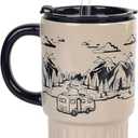 Ceramic Travel Coffee Mug with Lid and Straw - 20 oz Camper Design, Spill-Proof, Reusable for Hot and Cold Beverages, Black and Beige