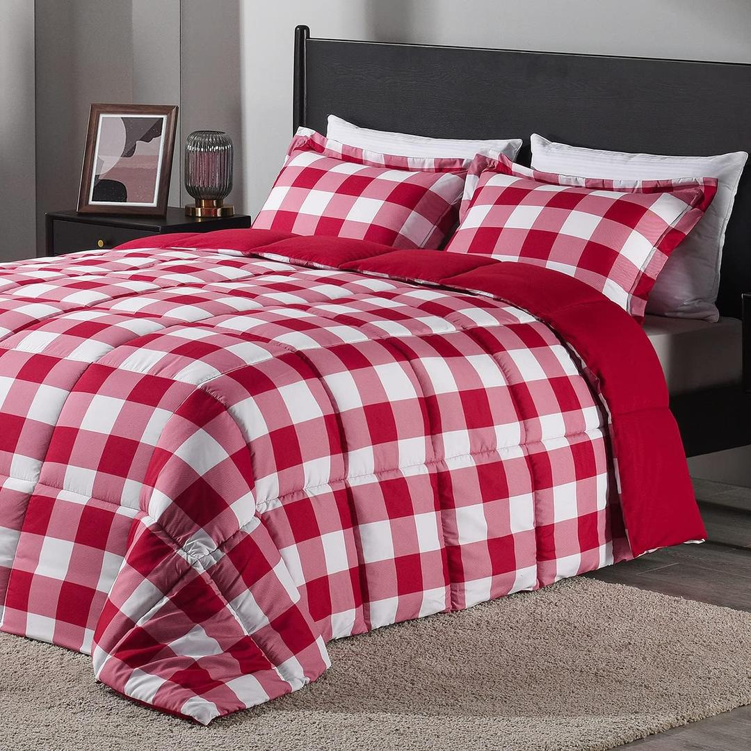 downluxe Lightweight Plaid Comforter Set (Twin) with 1 Pillow Sham - 2-Piece Set - Red/White Plaid - Down Alternative Reversible Comforter