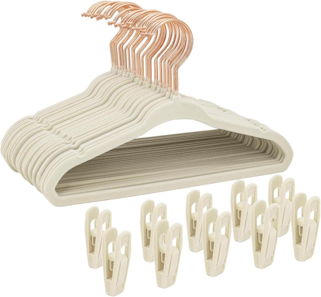 Kids Velvet Hangers 30 Pack, 14 Inch Non-Slip Felt Kid Hanger for Toddler/Youth/Teen, Slim Space Saving Child Hanger for Baby Closet, Heavy Duty Children's Hangers with 10 Clips - Beige