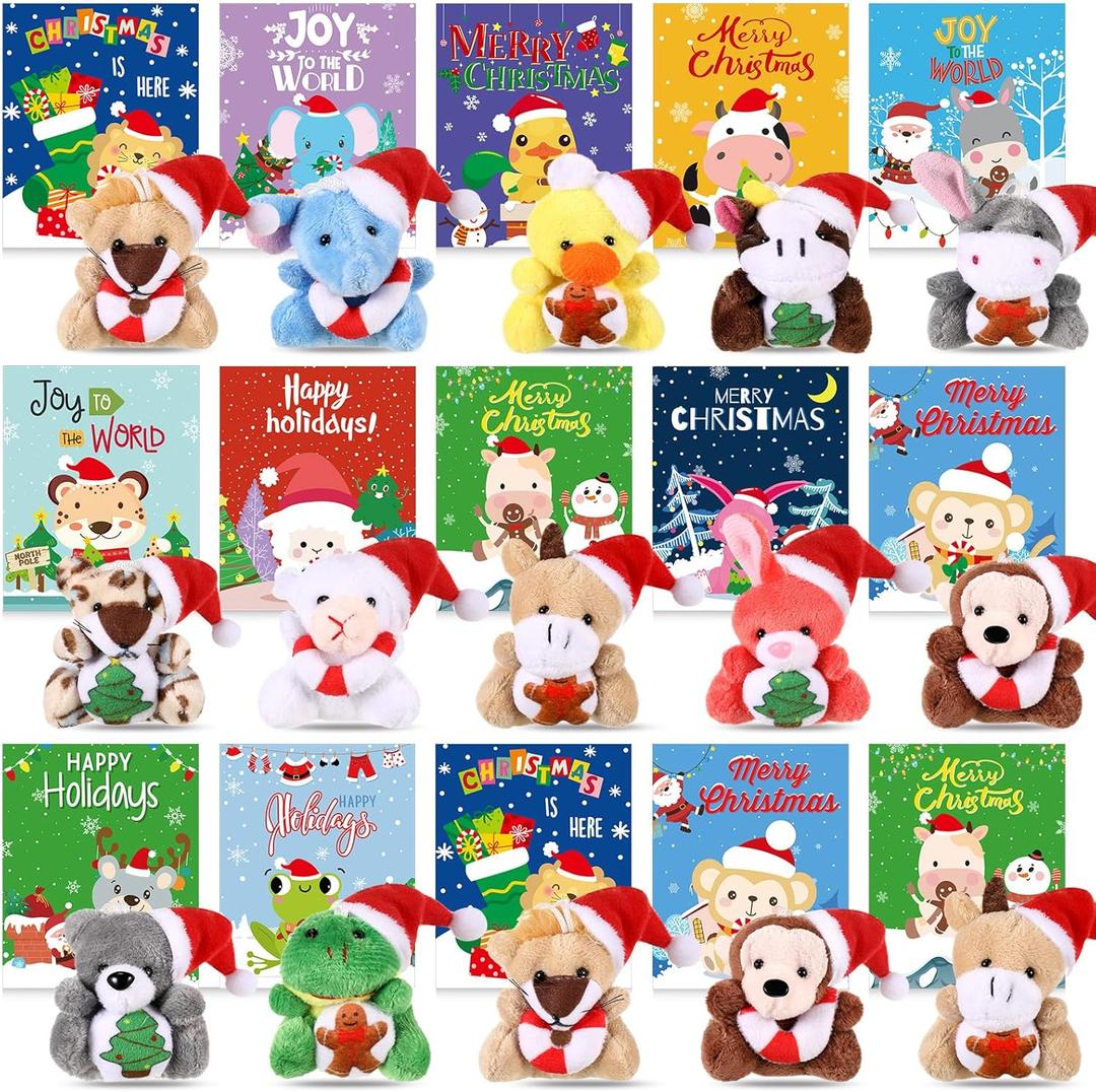 Hollowfly 15 Sets Christmas Plush Bulk Mini Stuffed Animals with Xmas Cards Mini Plush Toy with Hat for Xmas Party Favors Christmas Classroom Prizes Gifts Exchange Stocking Fillers