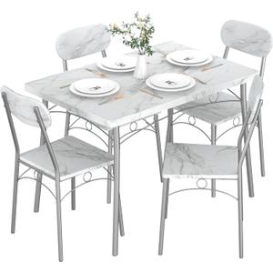 VECELO 5-Piece Kitchen Dining Table Set for 4, Rectangular Dinette with Wooden Chairs for Small Space, Apartment, Breakfast Nook, White