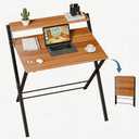 Simple Deluxe No Assembly Folding Desk with Shelf, 2-Tier Compact Computer Table, Space Saving Foldable Table for Home Office, Dorm or Apartment, Portable Collapsible Sturdy Laptop Desk, Brown