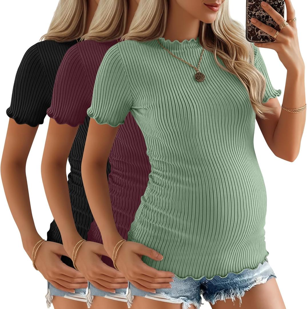 3 Pack Women's Maternity Tops Short Sleeve Ribbed Knit Maternity Shirts Crew Neck Side Ruched Pregnancy Clothes, Light Green, Burgundy, Black, Large