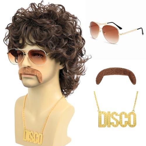 Bettecos 70s Disco Wigs for Men - Brown Curly 80s Mullet Wig for Halloween Costume Party Male Afro Funny Wigs with Glasses Necklace and Mustache (Brown)