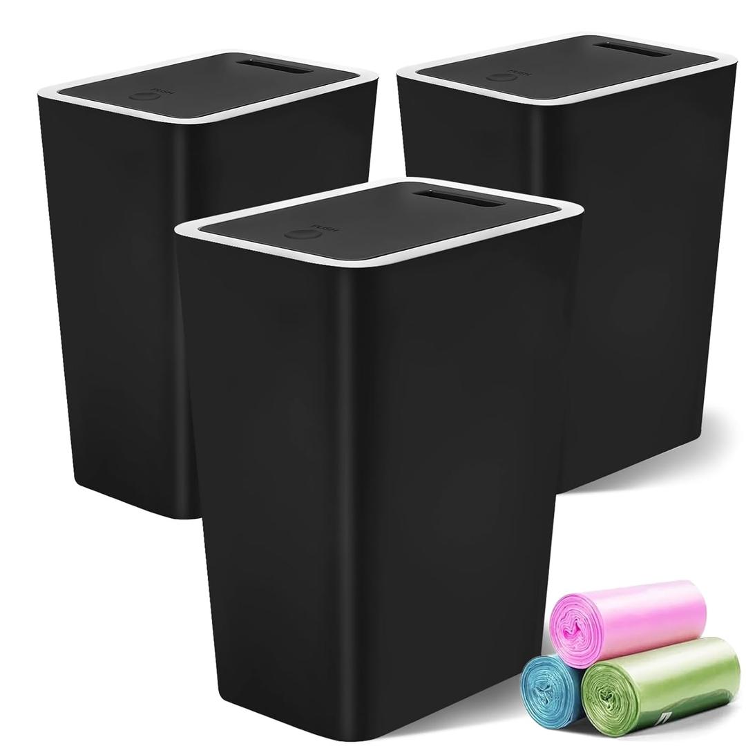 Lysam Small Trash Can, 3 Pack 4 Gallons Bathroom Garbage Can with Lid Press-Top, Small Waste Basket with Trash Bags, Slim Plastic Garbage Bin for Dorm, Office, Bedroom, Kitchen, Living Room  Black