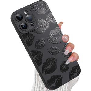 Lips Kiss Case for iPhone 15 Pro Max Case Cute Lipstick Kisses Blooms Design Soft TPU Shockproof Protective for Women Girls Phone Cover - Black Lips Print