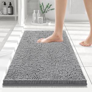 Smiry Luxury Chenille Bathroom Rugs 24x16, Extra Soft and Absorbent Shaggy Bath Mat, Machine Washable, Non-Slip Plush Carpet Runner for Tub, Shower, and Floor, Home Decor Accessories, Grey