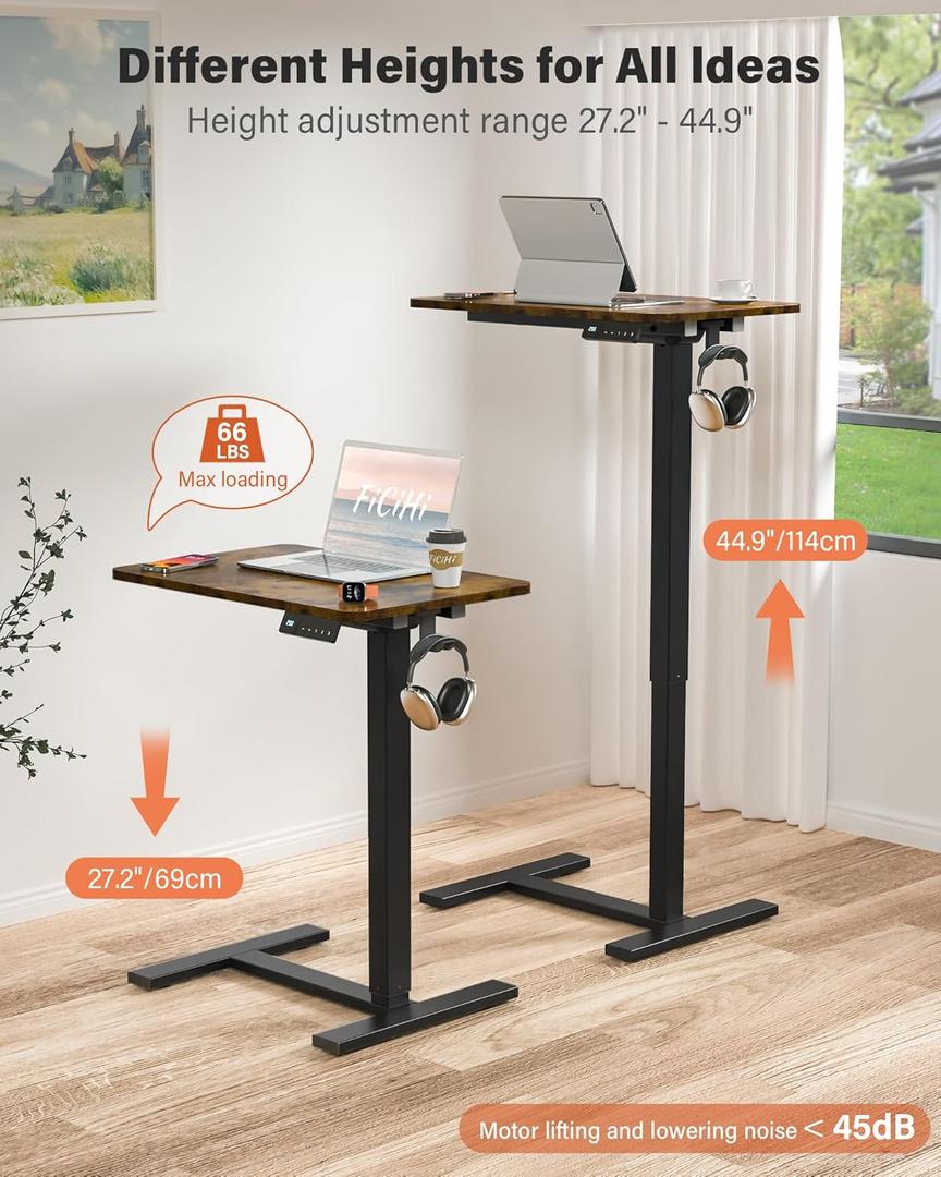 Mobile Standing Desk with Wheels - Electric Height Adjustable Small Movable Laptop Desk, Portable Rolling Computer Sit Stand Side Table for Home Office, Sofa&Bedside Use (23.6" Black)