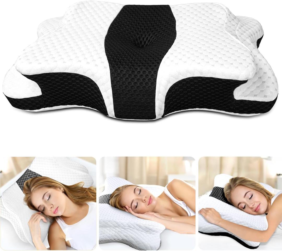 Memory Foam Pillows, Cervical Pillow for Neck and Shoulder Pain Relief, Ergonomic Contour Bed Pillow, Soft for Side Sleep Stomach Sleeping and Back Sleeper (Queen Size, Black)
