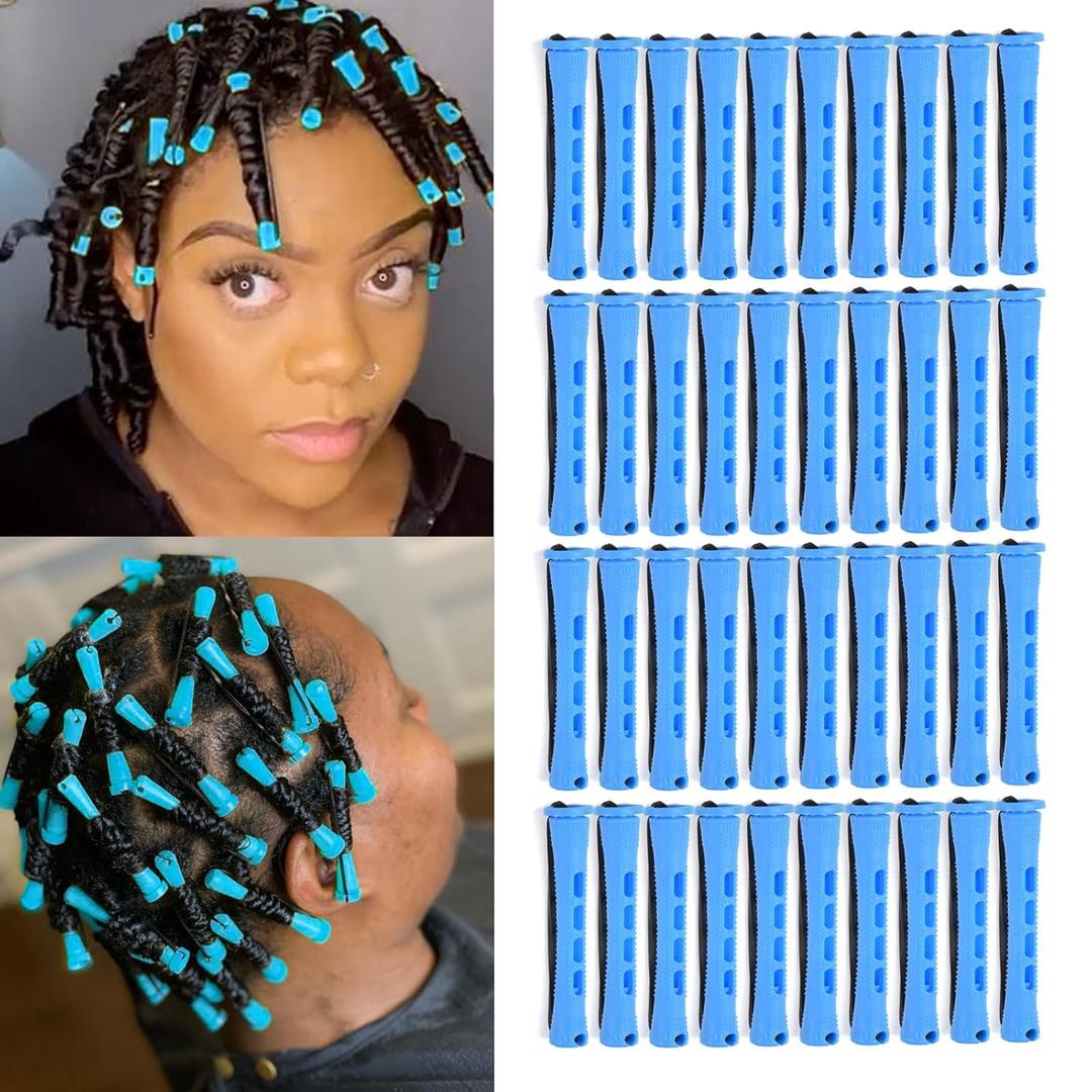 40pcs Perm Rods Set for Natural Hair Blue Plastic Cold Wave Rods Hair Curling Rollers with Steel Pintail Comb Rat Tail DIY Hairdressing Tools40pcs Blue (1 Count (Pack of 40))
