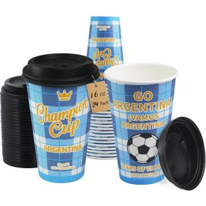 16 oz Champion Cup A Salute To Argentina, 3-Time World Soccer Champion, 24 Sets Disposable Paper Party Cups with Lids for Fan Event Decorations Game-Day Festival, ¡VAMOS ARGENTINA 2026