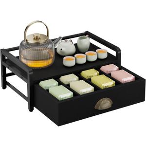 IBUYKE Tea Bag Organizer for Countertop,2 Tier Tea Box Organizer with Drawer,Wood Tea Bag Holder with Metal Frame,Tea Station Organizer for Kitchen Cabinet,Coffee Station,Office,Black UTCJ004B
