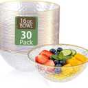 Tinybee 30 Pack Clear Plastic Bowls - Clear Disposable Bowls for Party with Gold Rim, 16-20oz Premium Hammered Bowls Disposable Heavy Duty, Plastic Salad Bowls for Milk Cereals, Snacks, Salads