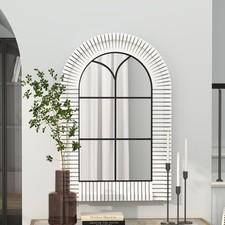 36x24 inches Wooden White Arch Window Mirror with Grid Frame, Decorative Arched Vanity Wall Mirrors for Bedroom Dresser, Bathroom, Living Room, or Entryway Decor